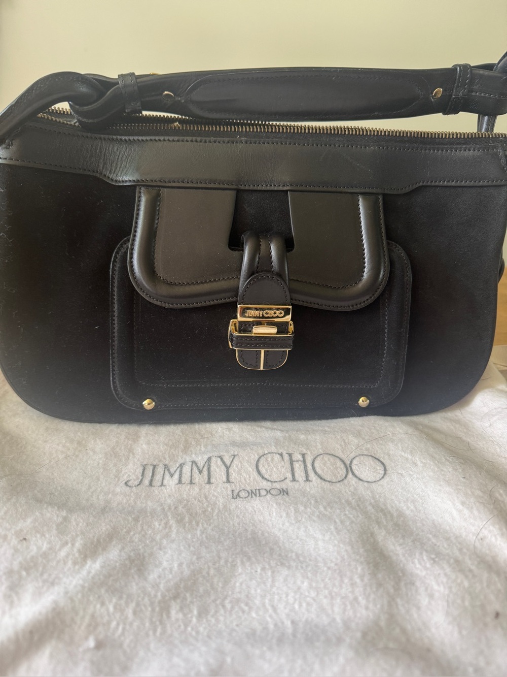 Jimmy Choo Black Suede and Leather Shoulder Bag with Gold Hardware